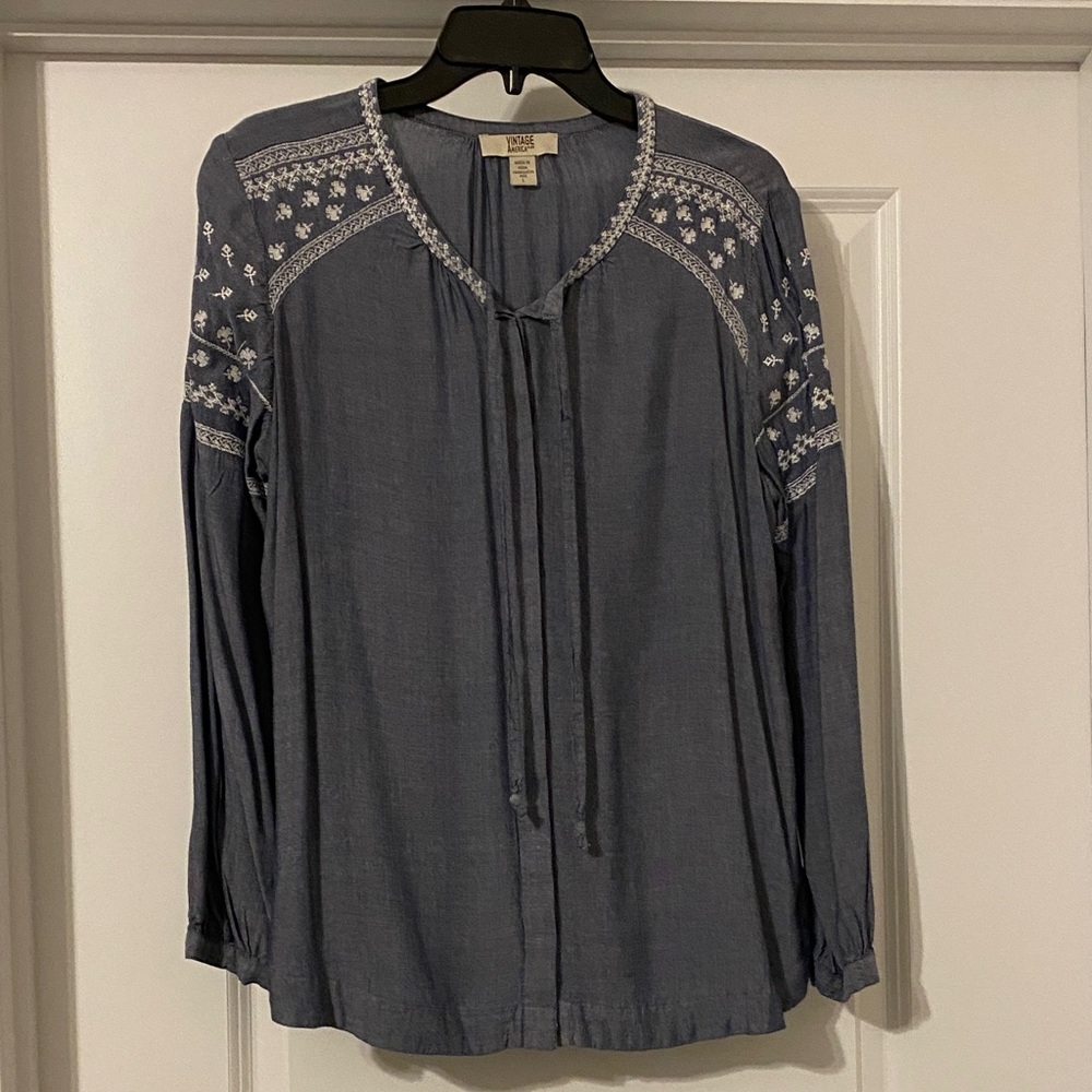 Vintage America Embroidered Tie-Front Blouse - Blue